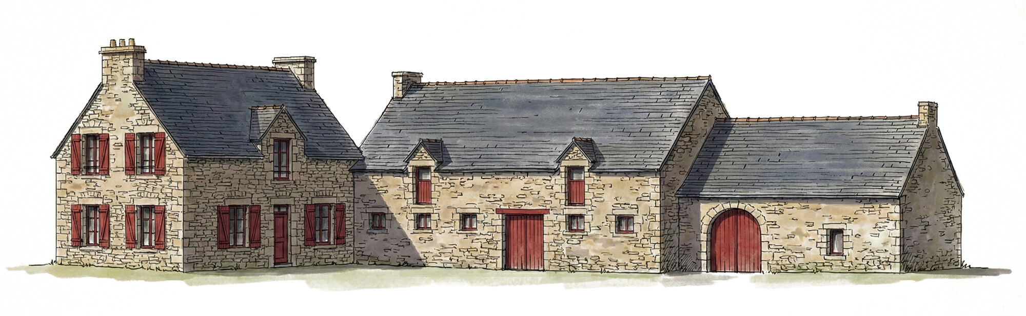 Croquis aquarellé des bâtiments de la propriété